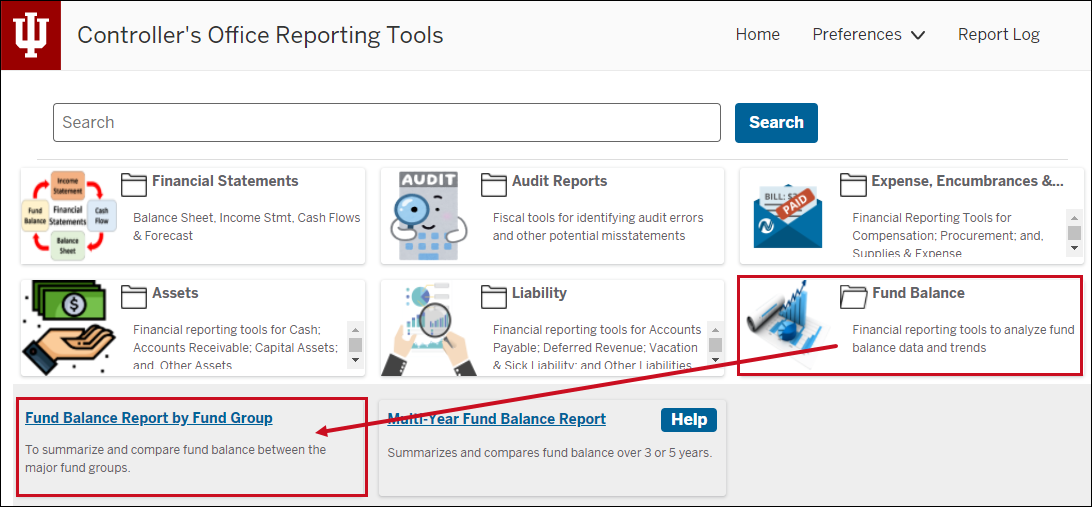 Screen displays the Fund Balance by Fund Group Report tile